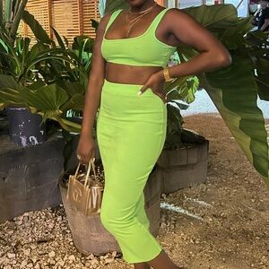 Vibrant Green Ribbed Skirt Set
